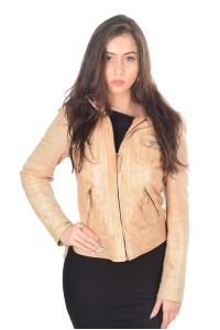 Geacă cochetă bej din piele naturală