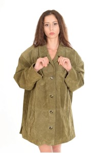 Geacă verde închis din piele întoarsă din piele naturală