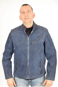 Geacă albastru închis din piele întoarsă din piele naturală