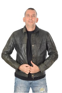 Geacă modernă verde închis din piele naturală